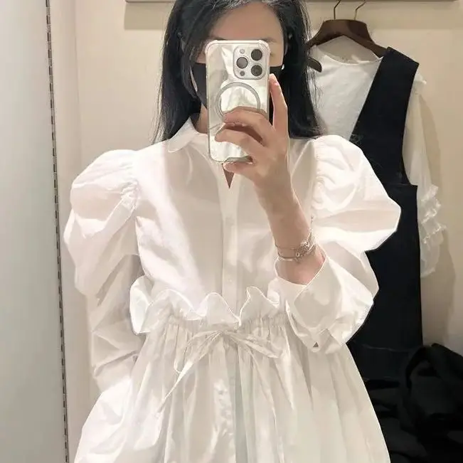 

White Puff Sleeve Shirt Women 2024 Autumn New Drawstring Pleated Polo Collar Niche Design Long-Sleeved Top