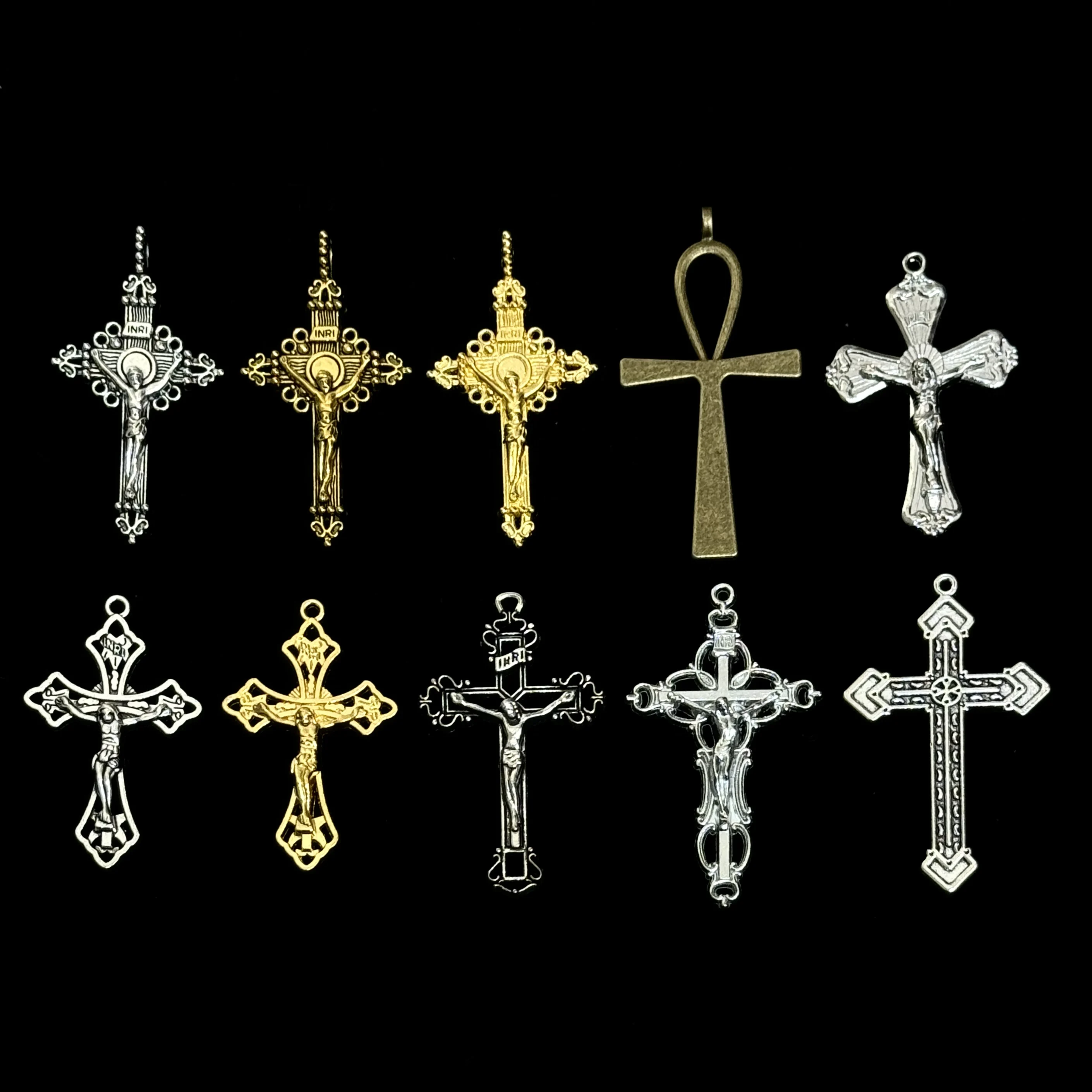 10pcs Baroque Filigree Crucifix Cross Pendants Ankh INRI Charms for DIY Rosary Jewelry, Single Style Per Pack