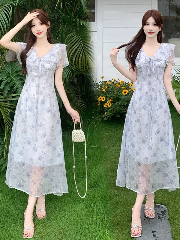 

Elegant Summer Vacation Style V-Neck plus Size Floral Print Slimming High Waist Dress for plus Size Women French Style A-Line...