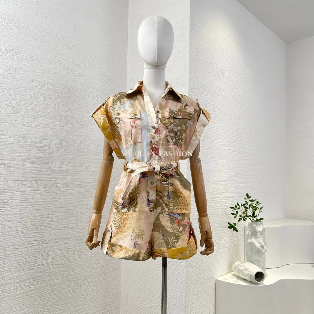 

Beach Style Mulit Colors Elegant Linen High Quality Floral Print Short Sleeve Self Bow Tie At Waist Women Holiday Playsuits