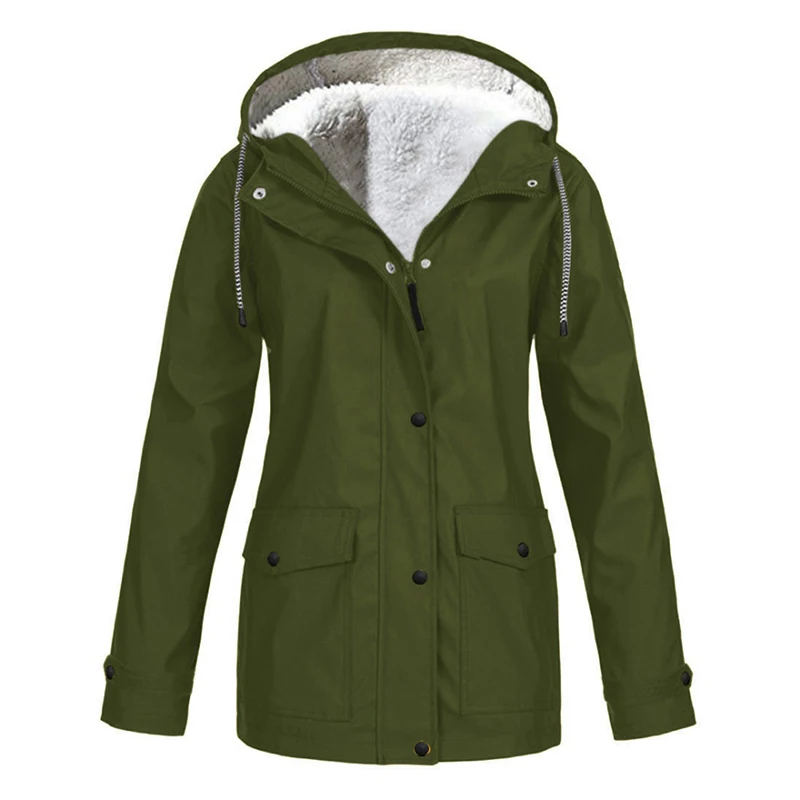 Plush Hooded Jacket for Women, Casual Coats, Windproof, Thick, Plus Velvet, Sports, Camping Jersey, Warm, Winter