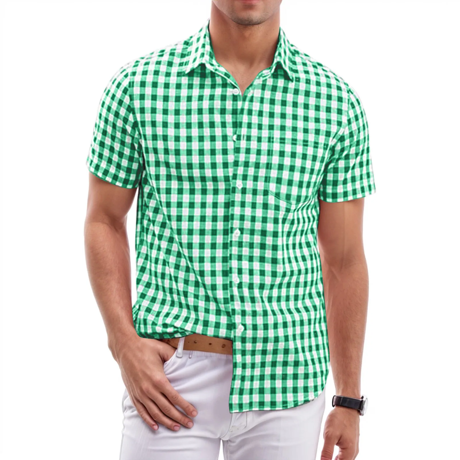 

Mens Summer Fashion Casual Beach Seaside Classic Short Sleeved Shirt Shirts New Cotton Plaid Short Sleeved Shirts Outwear Shirt