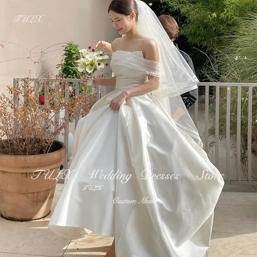 

TULX Korean Wedding Photo Shoot Elegant A-line Off the Shoulder Satin Bridal Gowns Floor Length Women Corset Back Wedding Robe