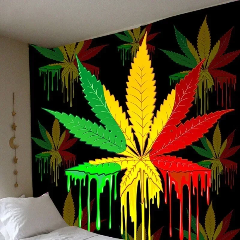 Colorful Trippy Weed Maple Leaf Psychedelic Tapestry Hippie Aesthetic for Dormitory Living Room Bedroom Decorations Wall Hanging