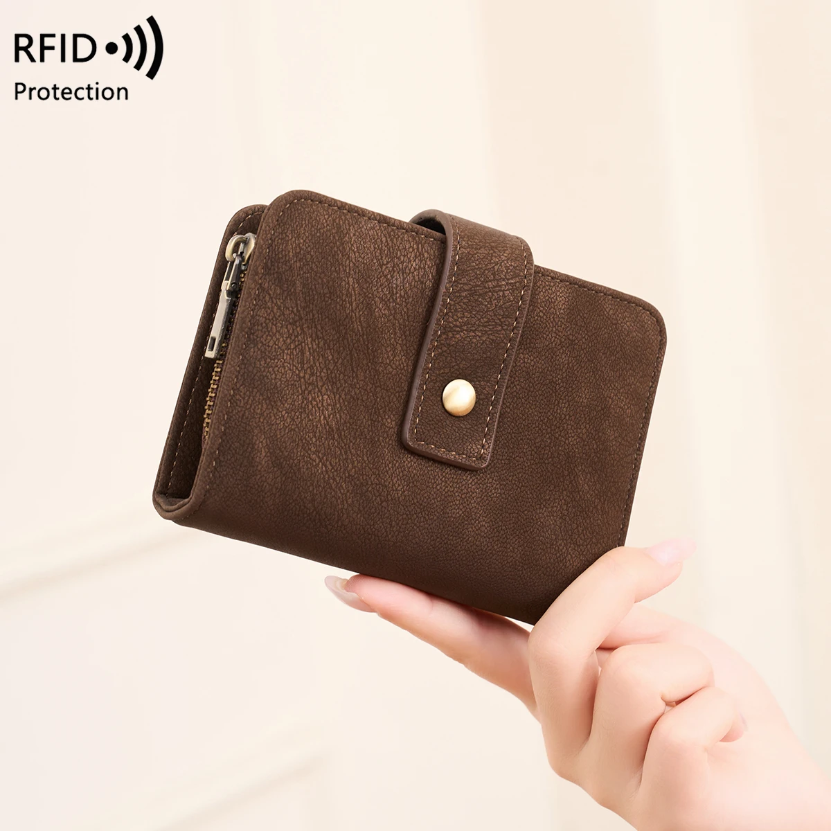 RFID women's wallet solid color buckle credit card/cash card holder simple short tri-fold clutch large capacity coin purse.