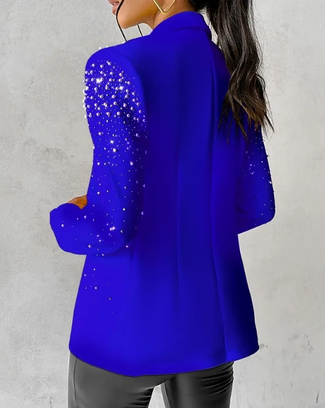 เสื้อแจ็คเก็ตสูทแขนยาวผู้หญิงสีน้ําเงิน เสื้อโค้ทประดับมุก เบลเซอร์มีตัวเลือกเบอร์กันดี สีดํา และสีเหลือง