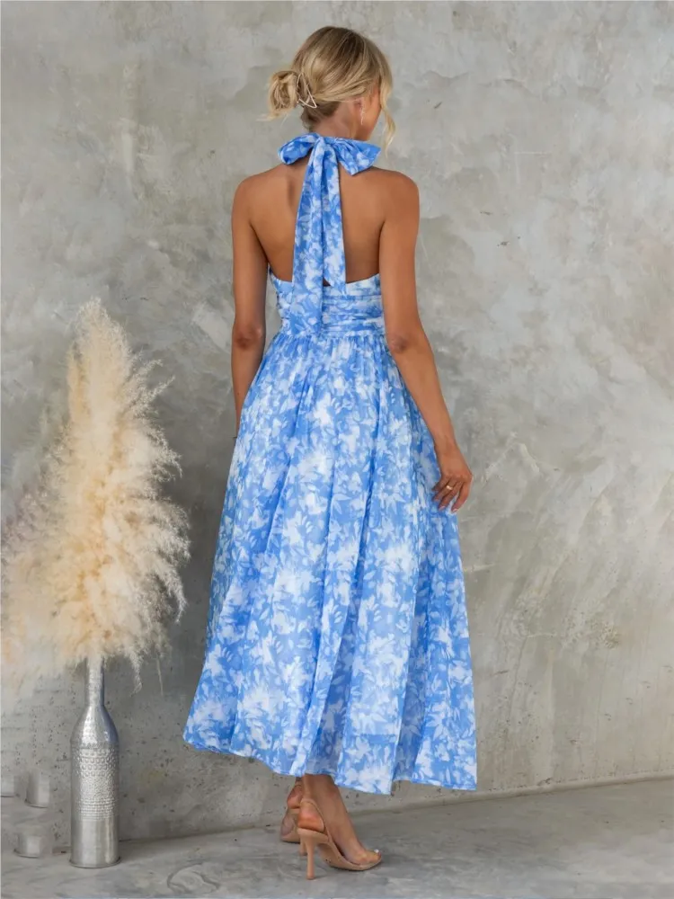 Nieuwe zomer vrouwen vakantie mouwloze print backless jurk mode elegante casual maxi jurken voor vrouwen gewaad femme vrouwen kleding