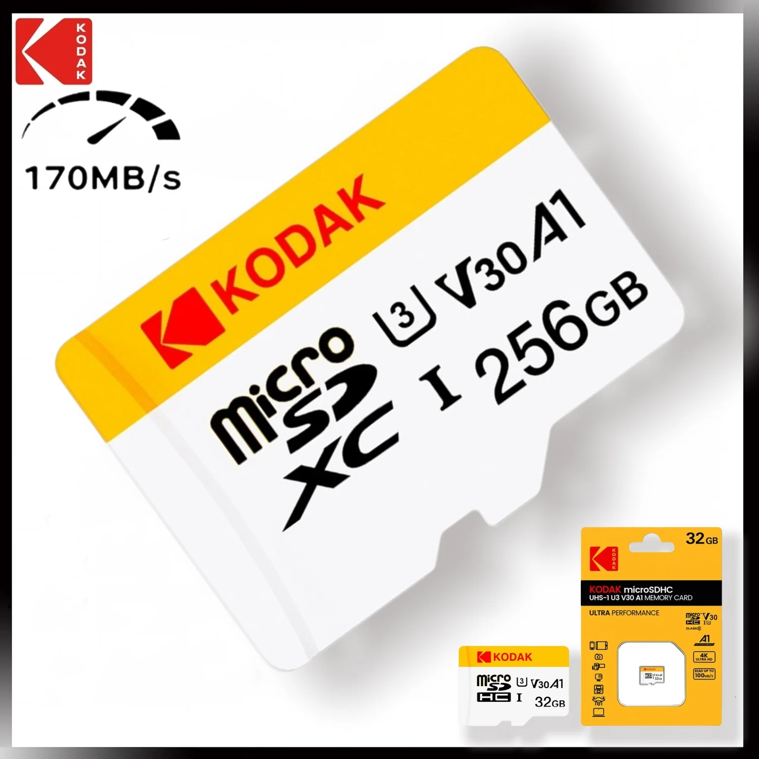 KODAK Original SD การ์ด 64GB 32GB Class 10 แฟลชการ์ดหน่วยความจํา 128GB 256GB Mini TF สูงสุด 98 เมกะไบต์/วินาทีสําหรับกล้องสมาร์ทโฟน PC