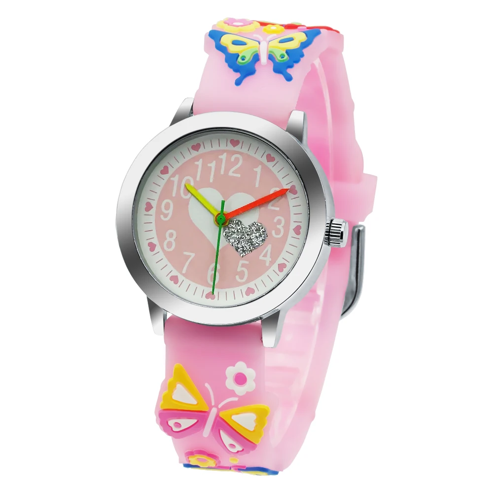 3D Butterfly Cartoon Silicone Watch Band Children's Watch Pink White Glow Small Dial Boys and Girls Sports Watch Clock Relojes