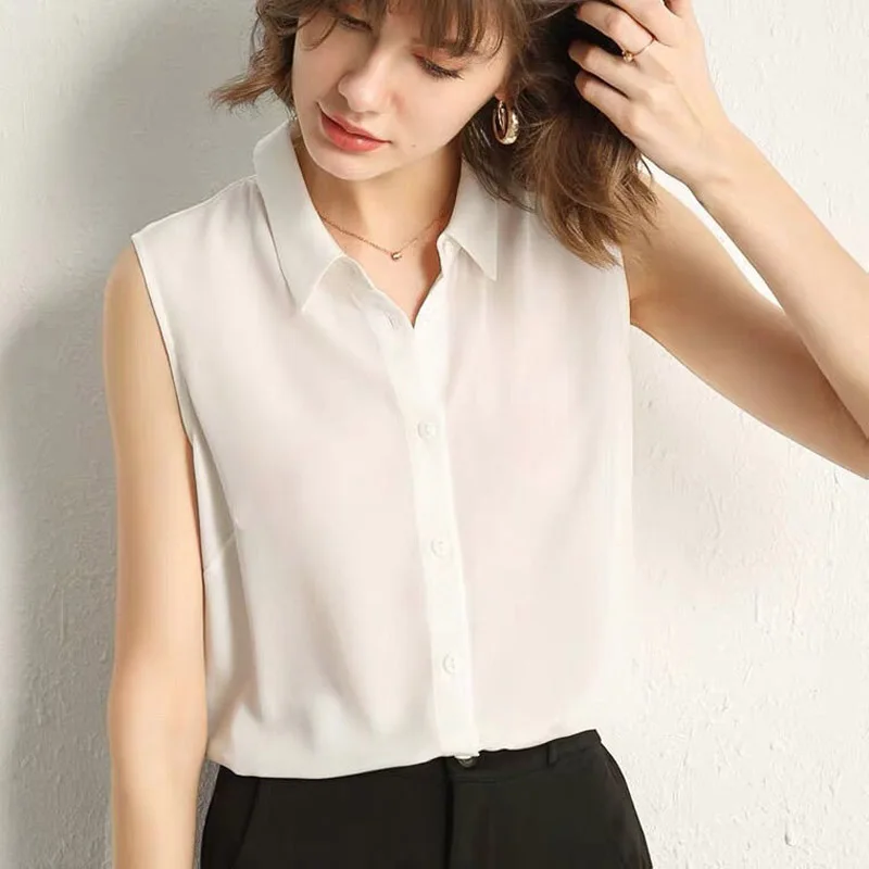 Fashion Solid Color Ventilate Single-breasted Blouse Women Sleeveless Polo Collar Office Casual Loose Temperament Chiffon Shirt