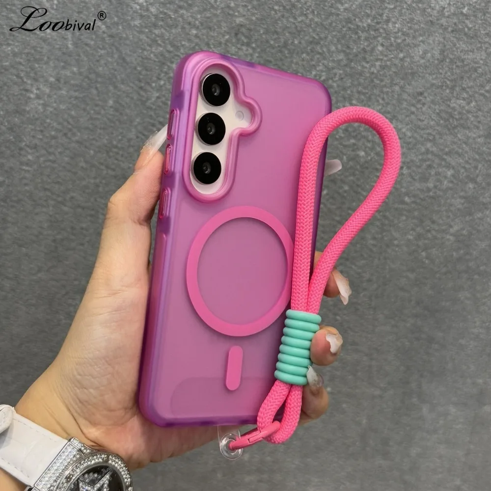 Matte Magnetische Handgelenk-Schlaufenhülle für Samsung Galaxy S26 Ultra S25 S24 Plus A36 A26 A16 A15 Lanyard Candy Color Frosted Cover