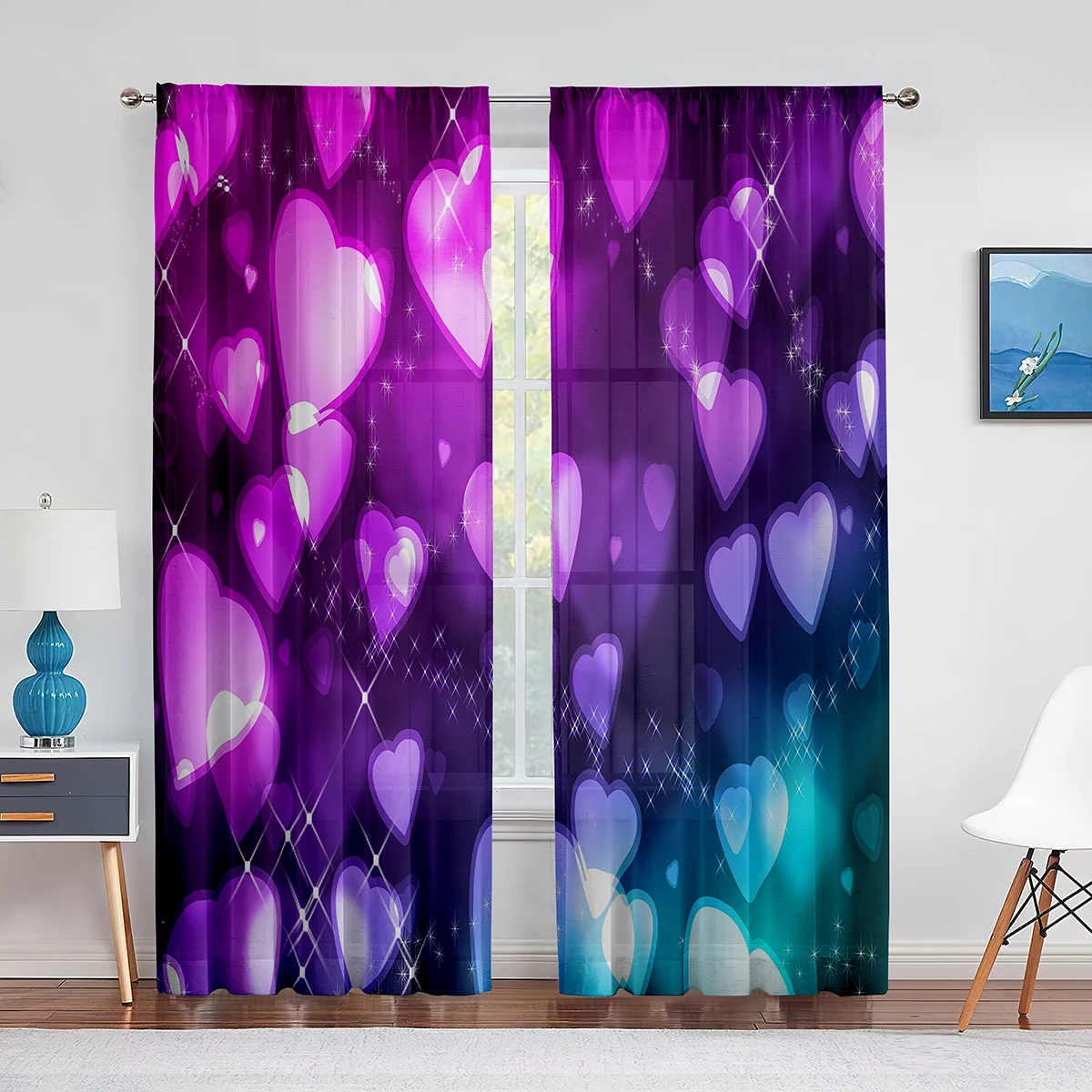 Doodle Hearts In Squares Romance Design  Chiffon Sheer Voile Curtains for Living Room Bedroom Decor Window Tulle Curtains Drapes