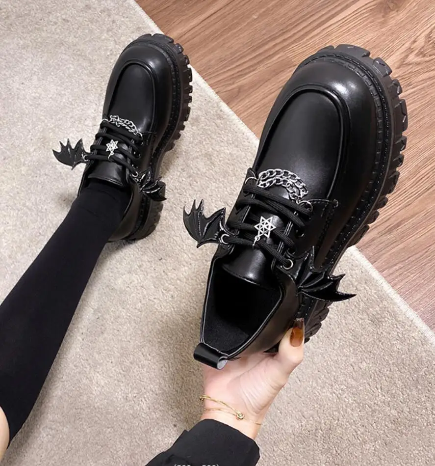 Punk Wind Fashion Single Shoes Autumn New Devil Bat Wings Gothic Women's Shoes Thick Bottom Waterproof Platform Metal Chain