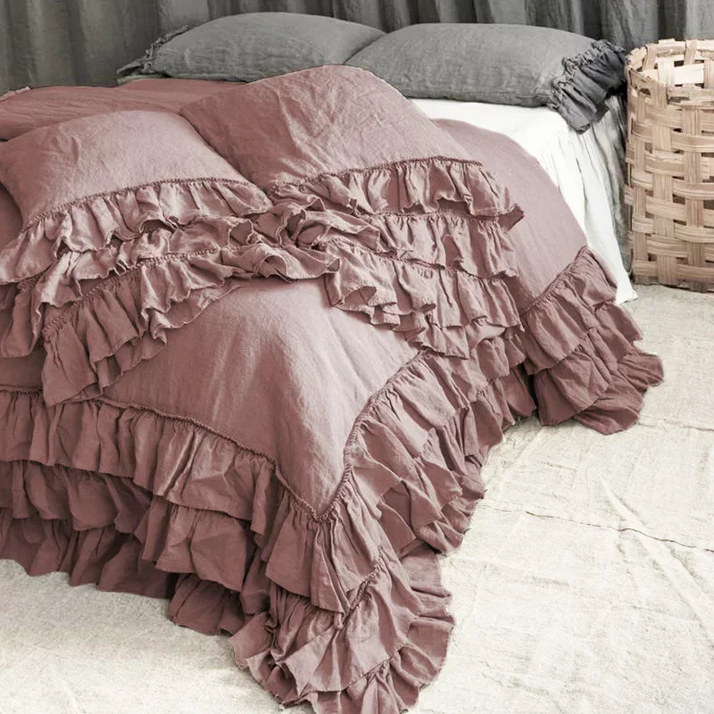 100% Pure Linen Bedding Set 3 Layer Ruffles Nordic Queen King Size Duvet Cover Set Solid Color Soft Comfortable Bed Sets 220x240