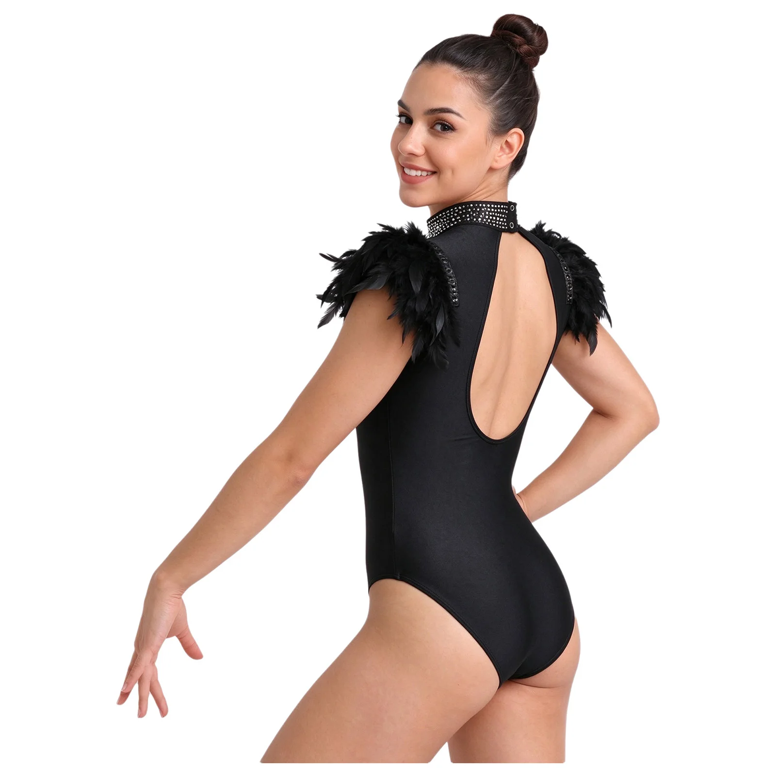 Women Sparkly Rhinestone Gymnastics Ballet Dance Leotard Figure Skating Costume Feather Shoulder Mesh Splice Performance Outfit