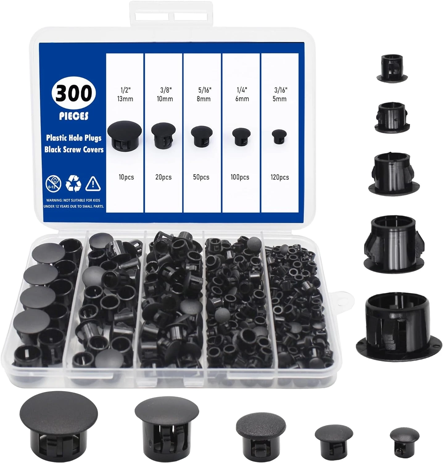 

300PCS 5mm-13mm 5 Sizes Plastic Hole Plugs Assorted Black Door Screw Covers Caps-Snap Type Insert Washer Lock Button Plug Kit