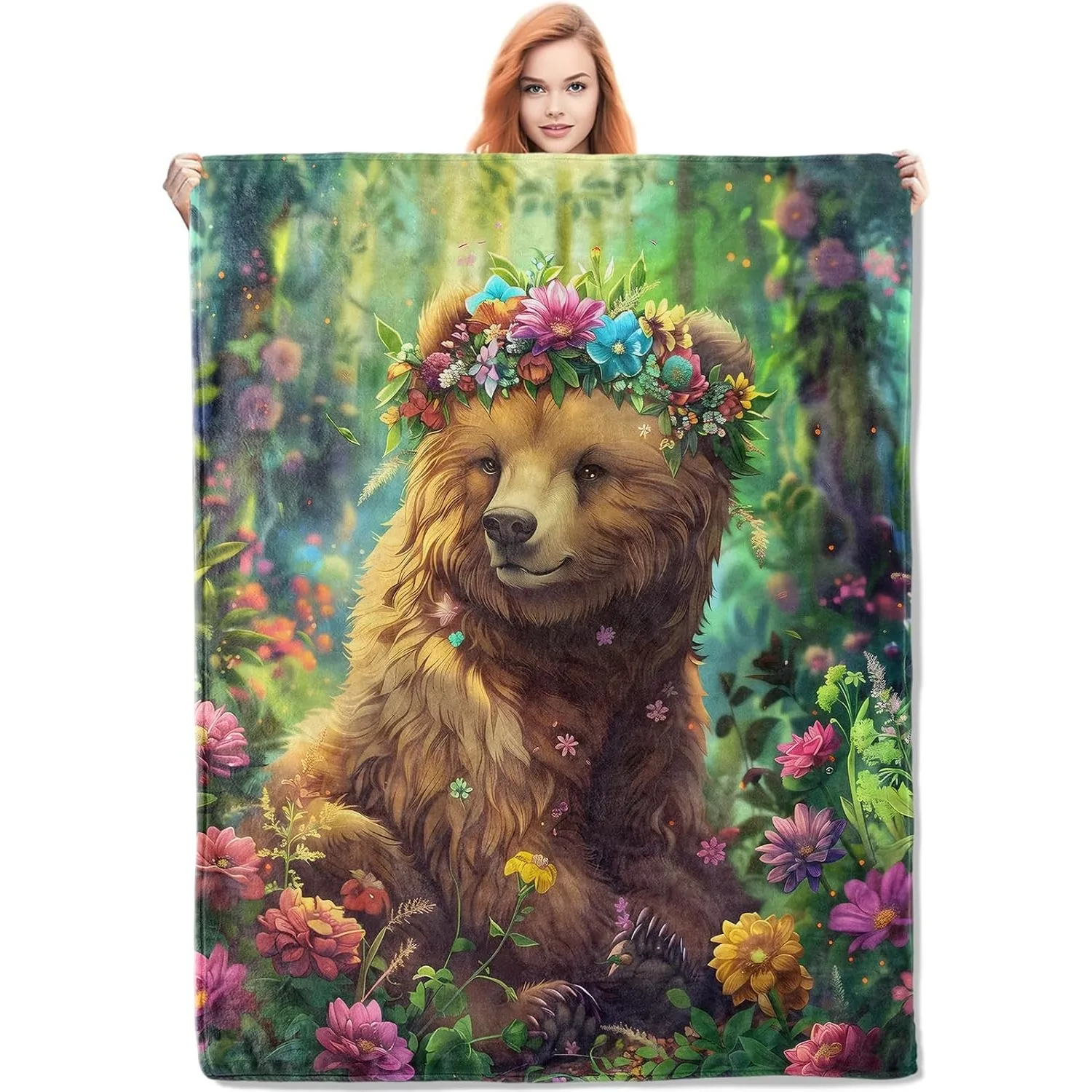 

Flower Crown Bear Blanket Gifts for Women Whimsical Forest Animal Theme Flannel Blanket Soft Warm Lightweight Custom blankets