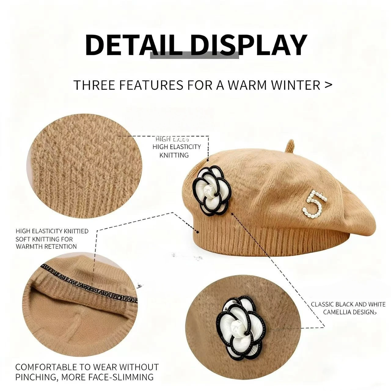 Woman's French Retro Elegant Knitted Beret with Flower Pearl Number Dec Autumn Winter Girl Ladies Cut Romantic Top Hat