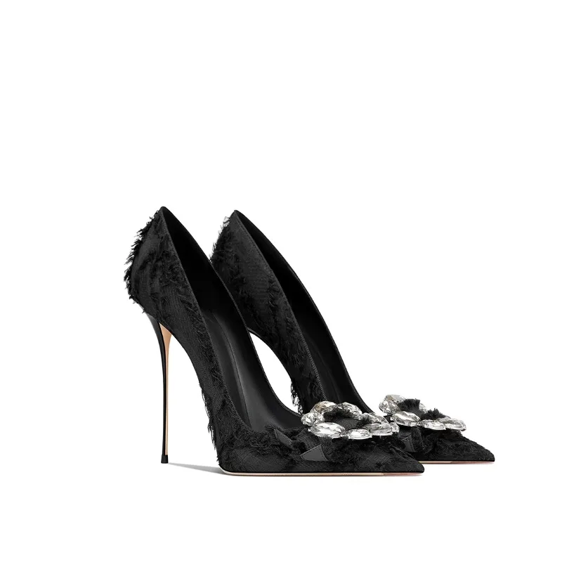 

Black Lady Elegant 2025 Summer New Pointed Toe Stiletto Rhinestone High Heels Women Wedding Shoes Bride