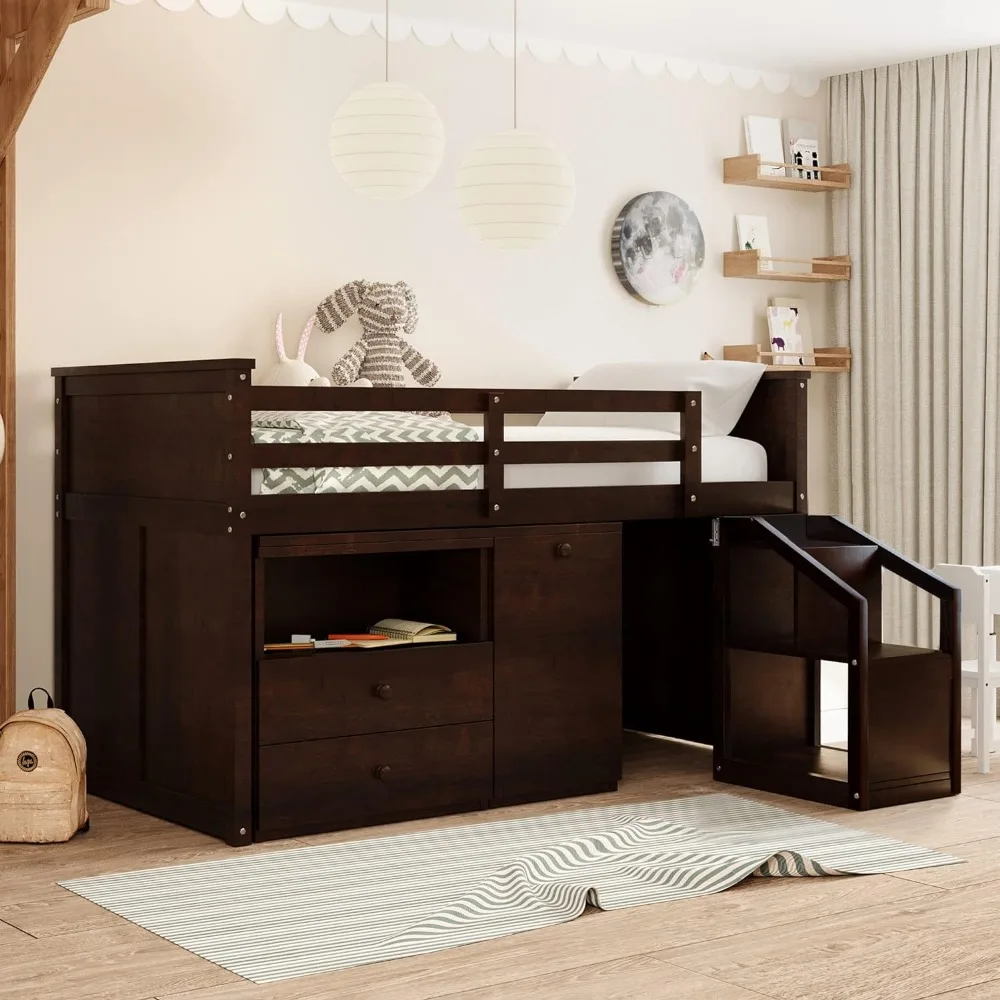 Marco de cama para niños, escritorio y cajones de almacenamiento, doble Loft bajo, marco de cama para niños