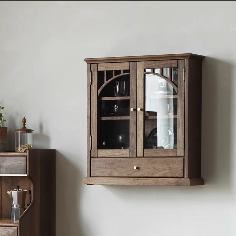 

American medieval style solid wood retro wall cabinet decorative cabinet black walnut glass wall cabinet wall-mounted dishes