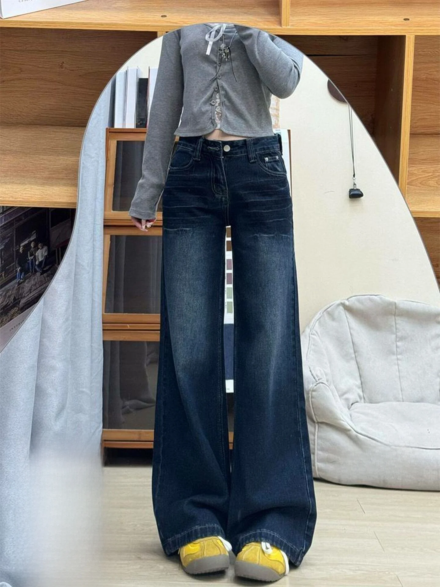 

American Style Slim Fit High Waist Thin Denim Jeans Women's Deep Blue Straight Leg Pants Summer New Arrival Casual Wear