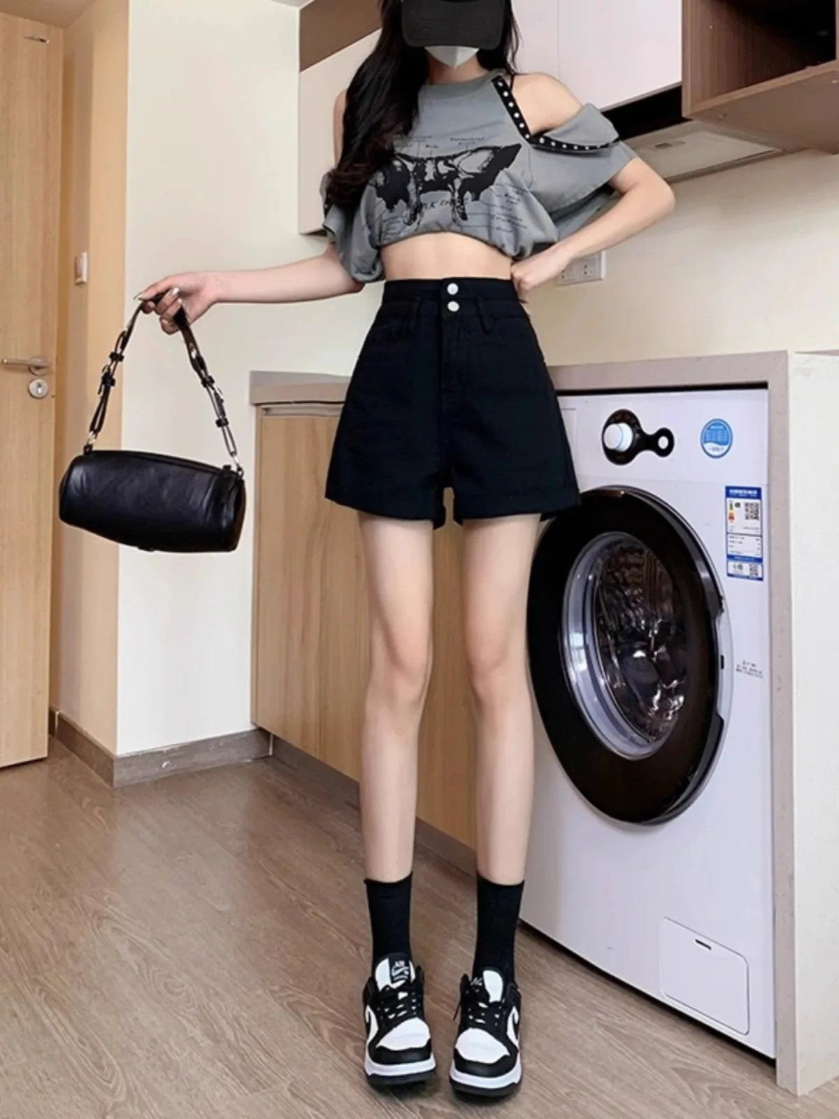 High Waist A-Line Denim Shorts Women's Black Summer Loose Versatile Slimming Small Size Wide Leg Hot Pants Cotton Polyester B...