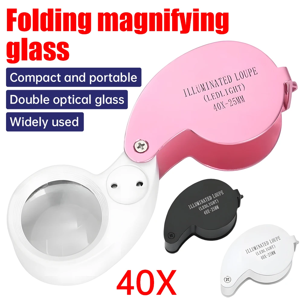 40X Jewelers Loupe Magnifier Metal Magnifying Glasses LED UV Illuminated Jewelry Loop Pocket Folding Magnifying Glass for Coins