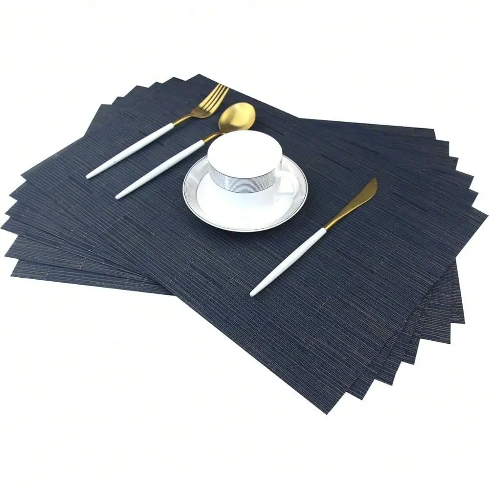

For Dining Table Woven Vinyl Place Mats Wipe Off Plastic Placemats Stain Resistant Table Mats Set Of 6 Bamboo Navy
