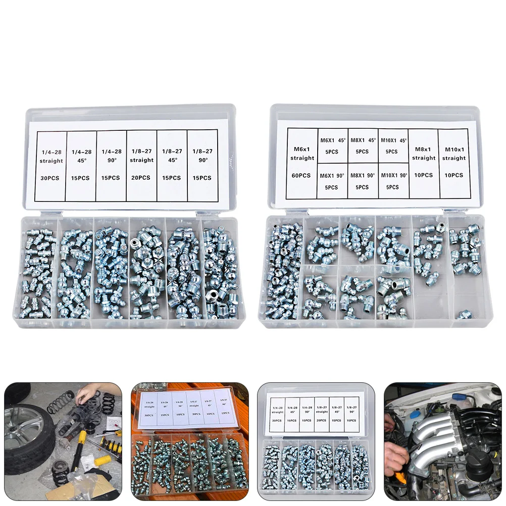 

220 Pcs Butter Mouth Hydraulic Grease Assortment Kit Angled Fittings Straight Type Boxed Galvanized