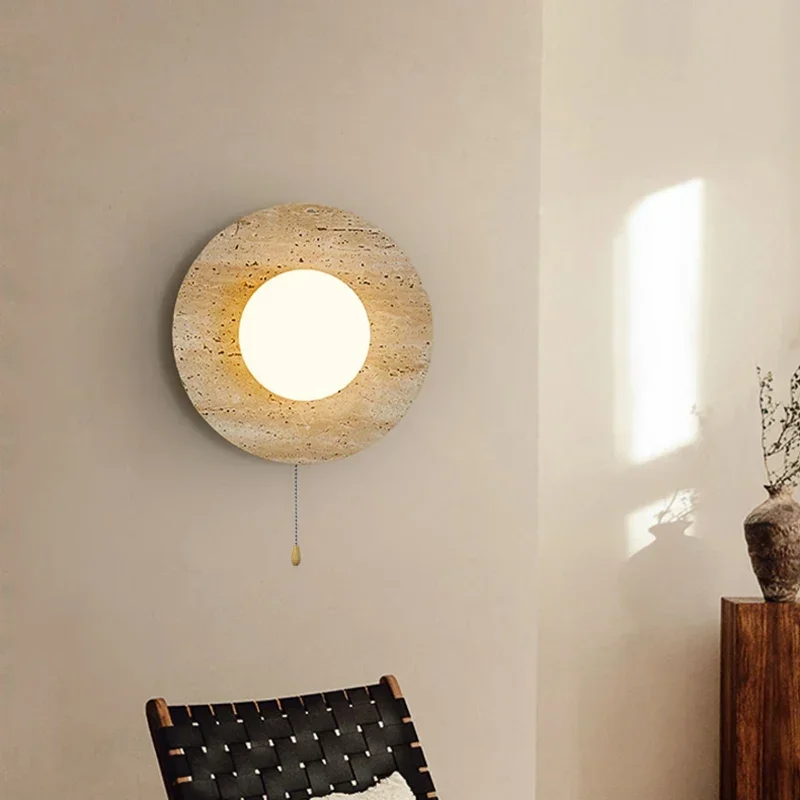 Modern Yellow Travertine Sconce Light Circular Switch Wabi Sabi Japanese Staircase Simple Medieval Homestay Bedhead Wall Lamp