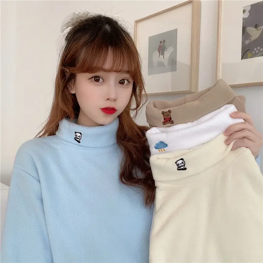 Polar Fleece Bottoming Shirt Women's Winter Turtleneck Top Embroidery Woman Sweaters Femme Chandails Pull Hiver