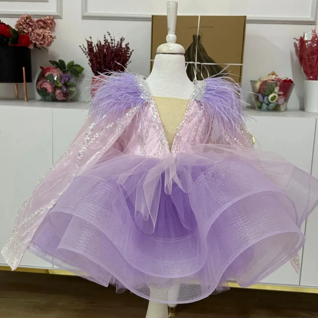 ラベンダーフラワーガールドレス 結婚式用 スパンコール フェザーガール 誕生日ドレス 写真撮影用 初聖体ドレス カスタマイズ
