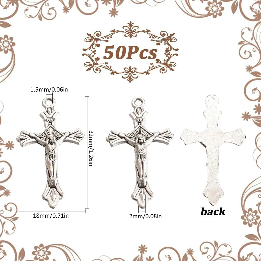 50Pcs Style Alloy Pendants For Easter Crucifix Cadmium Free Lead Free Silver 32x18x2mm Hole: 1.5mm