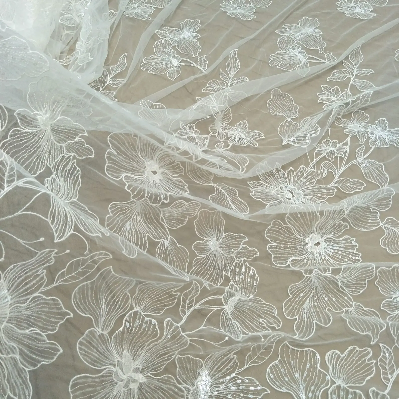 fashion big flower wedding gown dress lace fabric 130cm width ivory sequins lace sell by yard