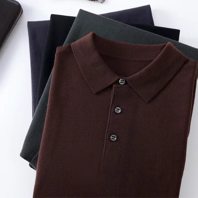 

Мужской пуловер из 100% шерсти, деловой повседневный однотонный вязаный свитер, свободные топы с воротником-поло, 80 шт., камвольный шерстяной джемпер