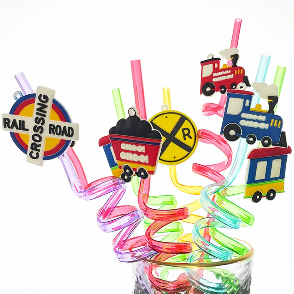 Train Birthday Straws Train Keychain Reusable Plastic Straws Drink Cocktail with Cartoon Decoration Birthday Party Supplies Gift