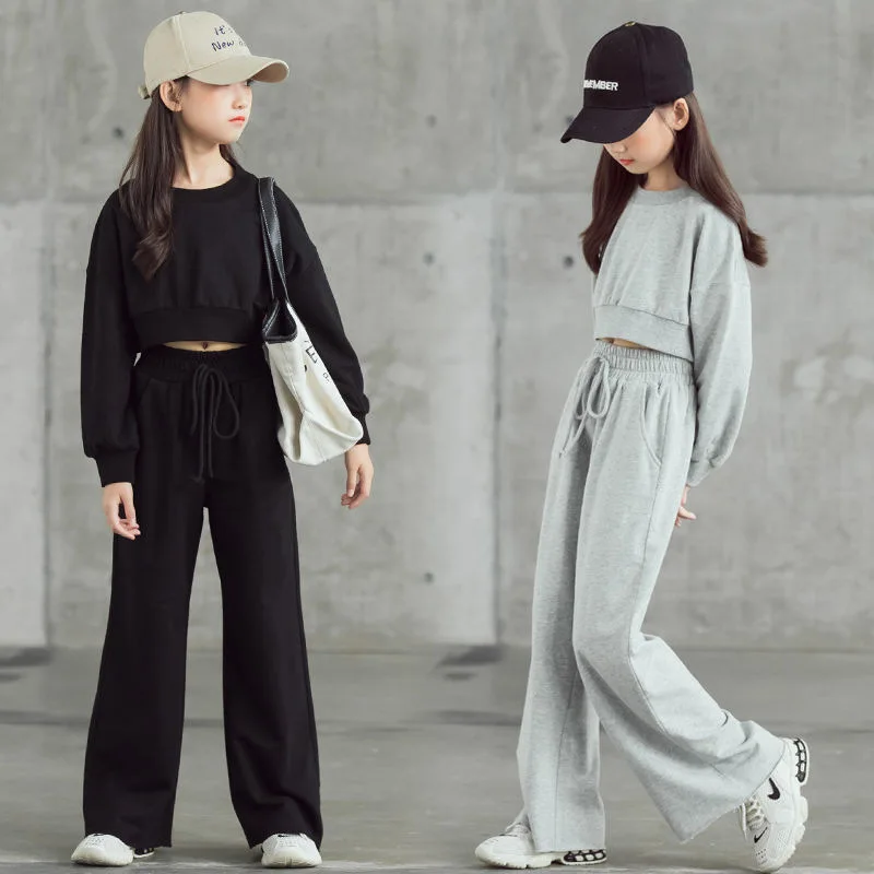 

New Spring Autumn Teenager Girls Clothes Suit Casual Long Sleeve Sweatshirt + Wide Leg Pants Kids Tracksuit 4 5 6 8 10 12 Years