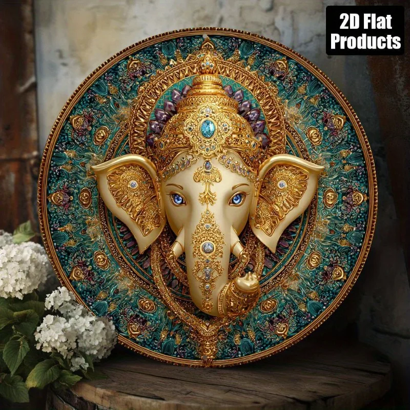 Ganesh, dourado, tema de joias, sinal redondo de alumínio, arte de decoração, adequado para casa, presente de feriado perfeito para ação de graças