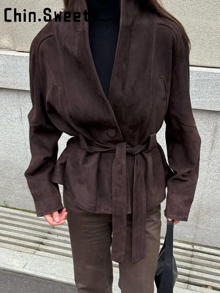 

Винтажные замшевые куртки с поясом, женские свободные куртки с лацканами и длинными рукавами на одной пуговице, осень 2024, новая модная коричневая женская верхняя одежда