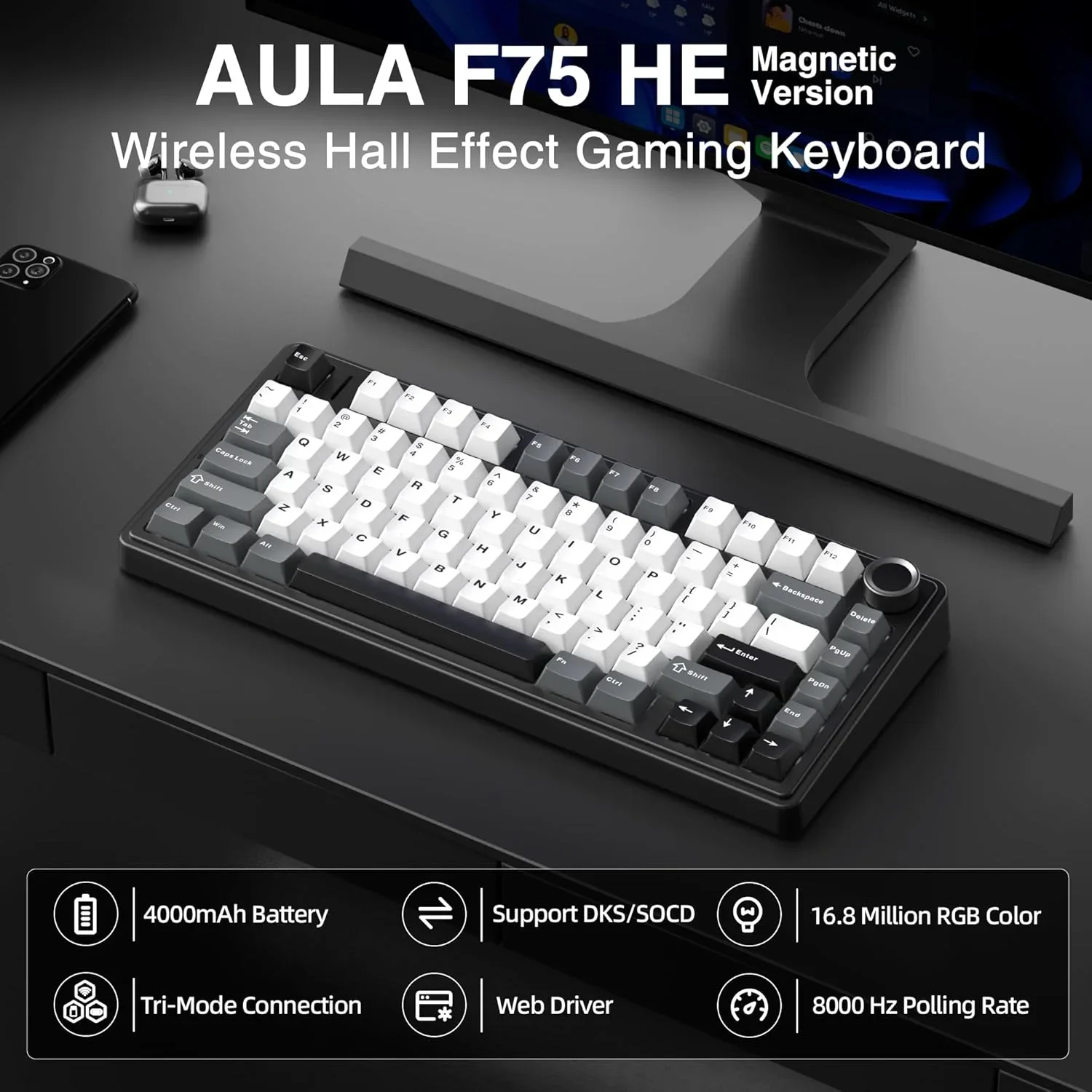 AULA F75 HE Wireless Gaming Keyboard Hall Effect Magnetic Switch Keyboard with Rapid Trigger 75% TKL Hot Swappable Keyboard 8KHz