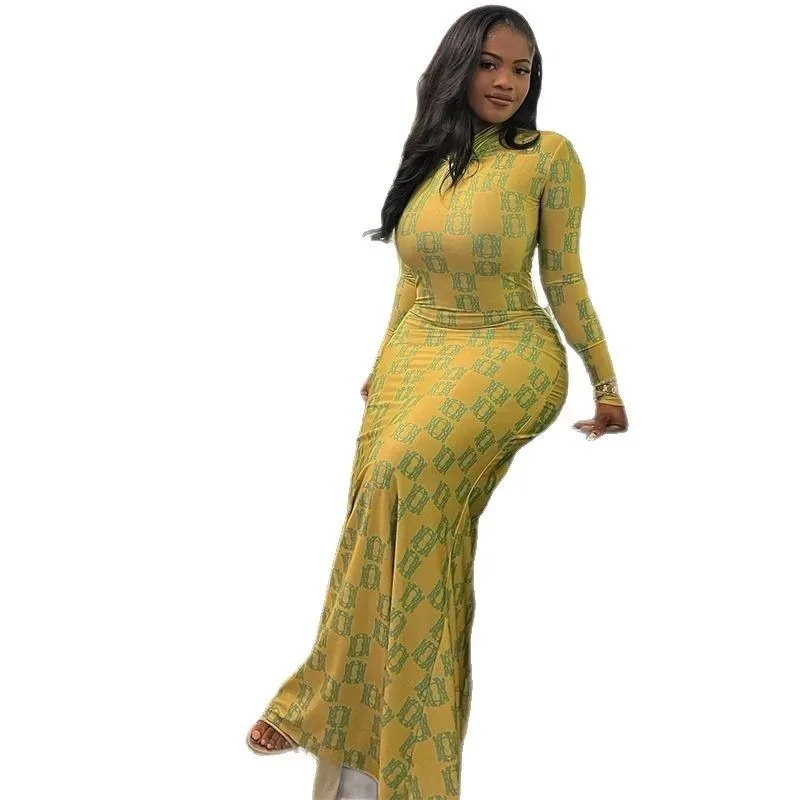 

Women's clothing 2025 spring and summer new fashion long-sleeved slim-fitting printed hip-pack dress club clothing Vestidos