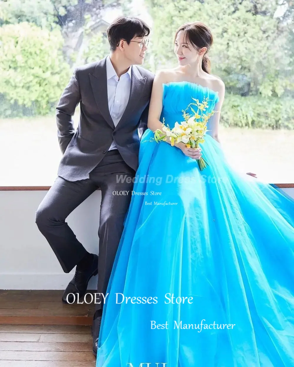 OLOEY Simple Blue Korea Wedding Party Dress Photoshoot Strapless A Line Bridal Gown Sleeveless Floor Length Wedding Dress Custom