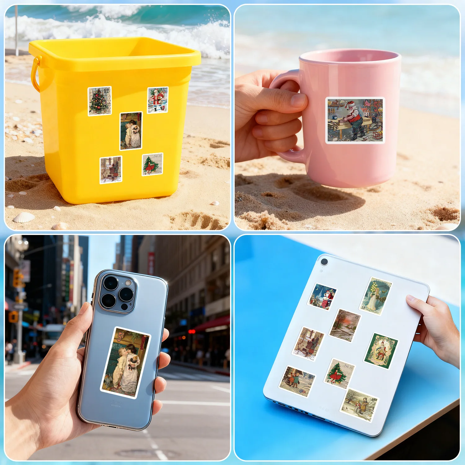 50 PCS Retro Christmas Theme Comic Stamp Style Stickers Decorate Greeting Card Envelope Luggage Scrapbook Non Repeated Decals