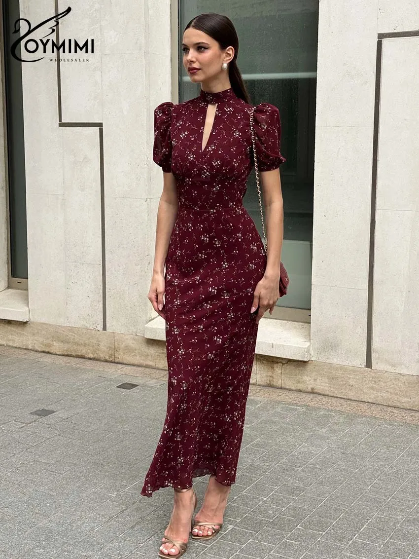 Oymimi Elegant Wine Red Print Women's Dress Fashion O-Neck Short Sleeve Hollow Out Dresses Autumn High Waist Floor-Length Dress - Image 2