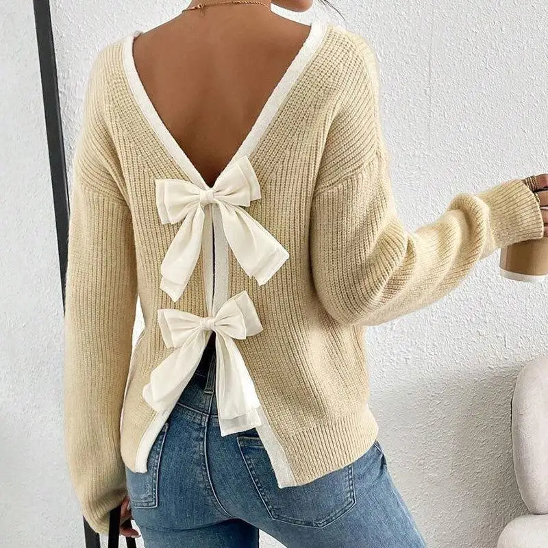 

Faionable Knitted Sweater with Bow Ba Design round Ne Pullover Women's Top Knot Decoration Commute Sle Medi...