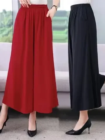 

Летние новые широкие брюки-юбка для мам с эластичным поясом, однотонные, больших размеров, повседневные, для среднего и пожилого возраста