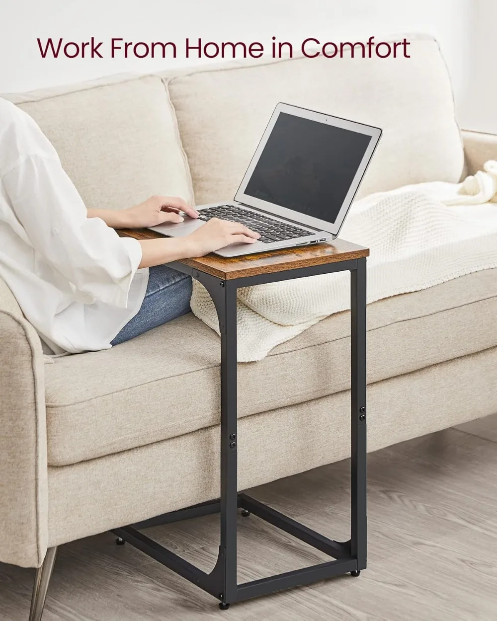 ชุดโต๊ะข้างรูปตัว C 2 ชิ้น โต๊ะข้างโซฟาทรงเพรียวบางพร้อมโครงโลหะสำหรับห้องนั่งเล่นและห้องนอนในสีน้ำตาลชนบท