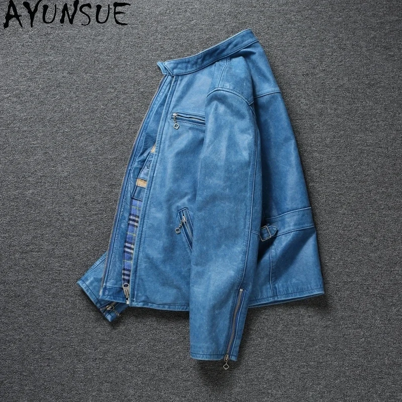 Genuine Leather Jacket Autumn Mens Clothing Cowhide Coats Fashion Motorcycle Jackets Retro Blue Jaqueta Masculina Jeans