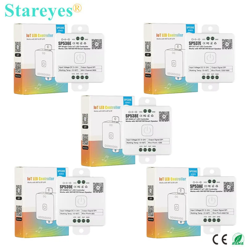 

WiFi Bluetooth Pixel LED Strip Controller SP536E SP537E SP538E SP539E SP53AE White CCT RGB RGBW RGCCT WS2811 WS2812B SPI Control